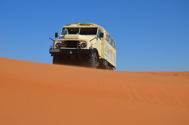 Desert expedition with sand dunes and clear skies